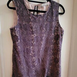 Signature Collection Purple Floral Lace Tunic Tank Top with Pink Lining - Size L